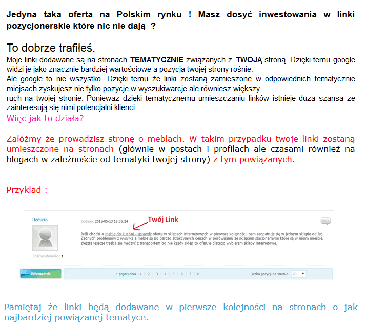 Spam linki SEO na Allegro