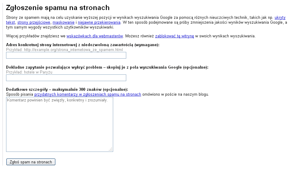 zgloszenie-spamu-google Formularz na zgłoszenie spamu w Google