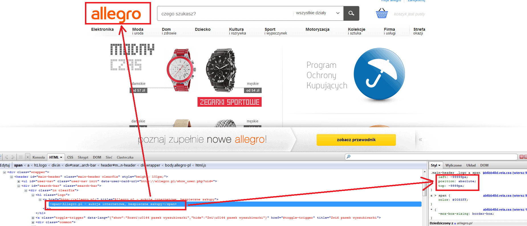 Ukryty pod logiem nagłówek H1 na stronie głównej Allegro