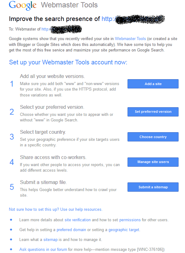Komunikat od Google po dodaniu strony do Narzędzi dla Webmasterów - zwiększ jej widoczność w wynikach wyszukiwania